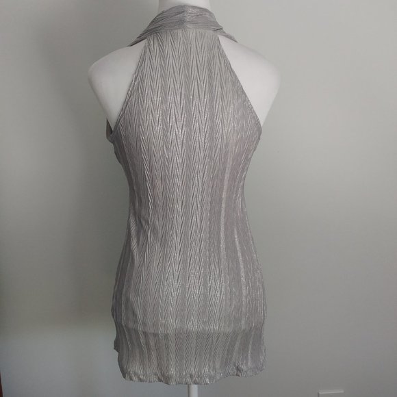 MARILYN MONROE Style Silver Halter Top Blouse Crushed Pleats Dressy Casual MED - Picture 6 of 7